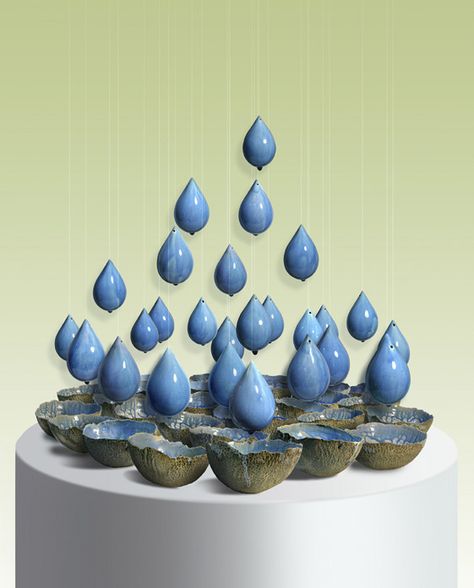 Glazed Clay Sculpture of Water Droplets Falling From the Sky -called "Gift from above" by Tokyo born artist Naoko Okabe Water Clay Sculpture, Water Drop Sculpture, Clouds Ceramics, Wave Clay Sculpture, Water Body With Sculpture, Water Sculpture, Sculptures Céramiques, Pottery Sculpture, Ceramics Pottery Art