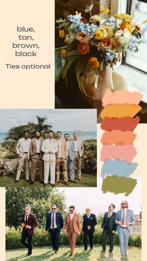 Mix Matched Groomsmen Attire, Mixed Color Groomsmen Suits, Fun Groomsmen Attire, Sunset Wedding Groomsmen, Sunset Color Palette Wedding Groomsmen, Multi Color Groomsmen Attire, Groomsmen Attire Wildflower Wedding, Groomsmen Bridesmaids Color Schemes, Spring Wedding Groomsmen Attire