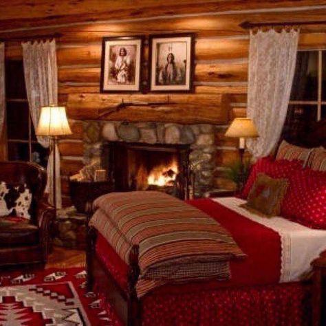 Good night & sweet dreams! Log Cabin Bedroom Ideas, Log Cabin Bedrooms, Cortinas Country, Log Cabin Bedroom, Log Cabin Living, Cabin Bedroom, Rustic Home Interiors, Dresser Set, Log Home Decorating