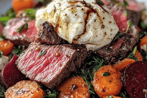 Try this hearty Steak Roasted Beets and Carrots Salad with Burrata! Juicy steak, roasted veggies, and creamy burrata make the perfect meal. Top Sirloin Steak Recipe, Carrots Salad, Salad With Burrata, Beets And Carrots, Roasted Beets And Carrots, Sirloin Steak Recipes, Top Sirloin, Top Sirloin Steak, Sirloin Steak