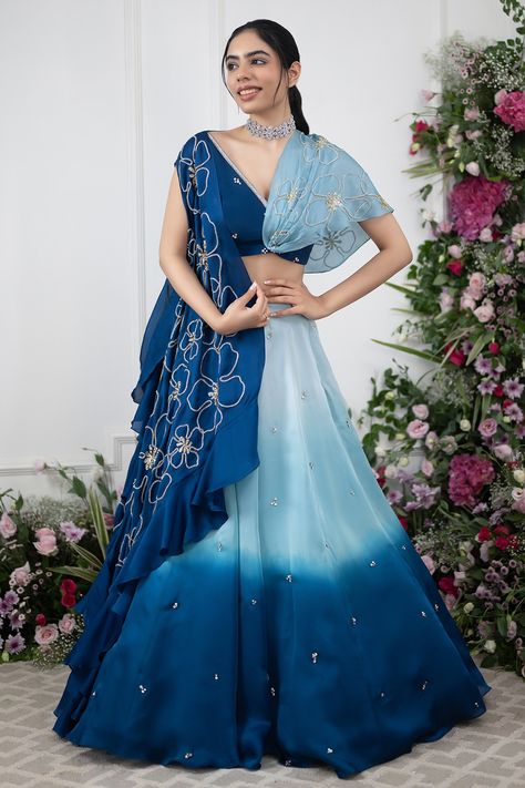 Shop for these amazing collections of Blue Cape And Lehenga Organza Satin Embroidery Floral V Neck Ombre & Set For Women by KIRAN KALSI online at Aza Fashions. Floral Cape, Satin Embroidery, Simple Lehenga, Trendy Outfits Indian, Blue Cape, Wedding Lehenga Designs, Lehenga Designs Simple, Fashionable Saree Blouse Designs, Indian Dresses Traditional