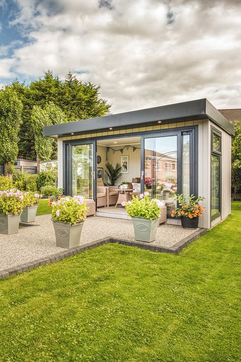 Composite garden summerhouse in beautiful garden Garden Summerhouse, Garden Rooms, Living Forever, Garden Spaces, Garden Room, Summer House, Outdoor Garden, Beautiful Gardens, Case Study