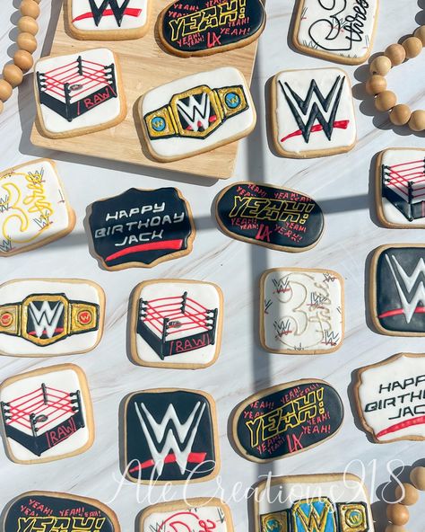 WWE COOKIES 🍪🥊 Wwe Cookies, Wwe Birthday Party, Birthday Sugar Cookies, Wwe Birthday, Sports Cookies, Birthday Cookies, 7th Birthday, Birthday Fun, Sweet 16