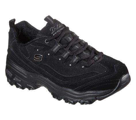 Black Rubber Shoes, Skechers Shoes Women, Skechers D'lites, Womens Walking Shoes, Black Work Shoes, Black Skechers, Skechers D Lites, Slip Resistant Shoes, Sneaker Design