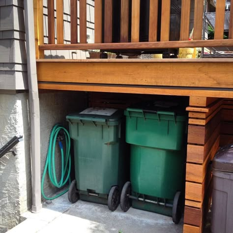 trash storage under deck Under Deck Storage Drawer, Under Porch Storage Ideas, Under Deck Wood Storage, Under Porch Storage, Under Deck Storage Shed, Under Porch Covering, Shed Under Deck Ideas, Underdeck Storage, Under Deck Storage Ideas