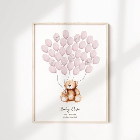 Guest Book Fingerprint, Baby Guest Book, Floating Balloons, Fingerprint Tree, Pink Teddy Bear, Teddy Bear Baby Shower, Baby Shower Guest Book, Pink Teddy, Baby Bear Baby Shower