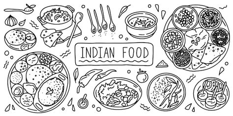 Indian Food Drawing, Food Line Art, Food Doodle, Bullet Journal Work, Food Simple, Food Doodles, Nature Bookmarks, Mandala Art Therapy, Food Wallpaper