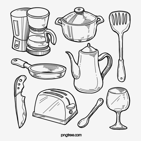 kitchen,pot,spoon,glass,knife,coffee machine,toaster,kettle,black,monochrome,hand painted,line,knife clipart,line clipart,kitchen clipart,spoon clipart,pot clipart Kitchen Objects Drawing, Kitchen Items Drawing, Kitchen Utensils Drawing, Kitchen Tools Drawing, Spoon Clipart, Knife Clipart, Hen Drawing, Utensils Drawing, Kitchen Sketch