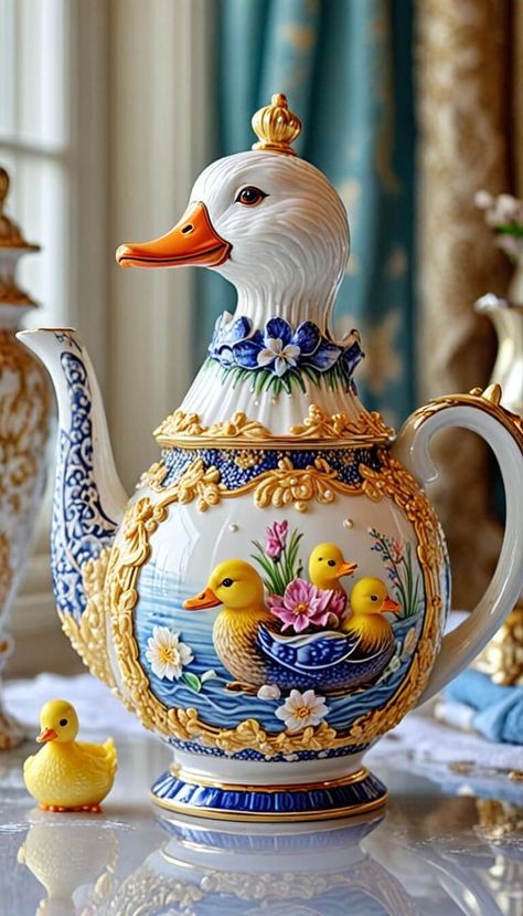 Decoration - Duck teapot porcelain - AI creation Tea Room Decor, Blue And White Dinnerware, Crockery Design, Teapots Unique, Afternoon Tea Parties, Tea Cozy, Teapots And Cups, Antique Tea, My Cup Of Tea