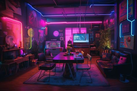 Cyberpunk Home Decor, Cyberpunk Apartment Interior Design, Cyberpunk Warehouse, Cyberpunk Bathroom, Cyberpunk House Interior, Cyberpunk Aesthetic Room, Cyberpunk Room Interiors, Neon Steampunk, Cyberpunk Office