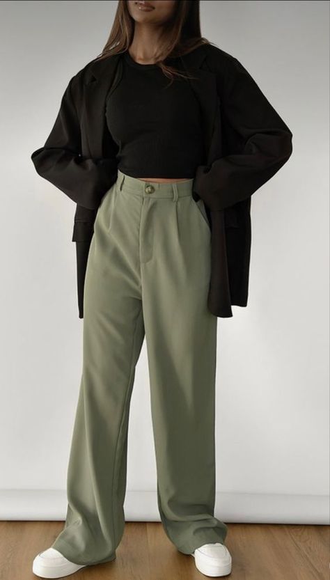 Khaki Tailored Trousers Outfit, Green Business Pants, Sage Green Slacks Outfit Women, Outfit Ideas With Dress Pants, Wide Olive Pants Outfit, Pastel Green Trousers Outfit, Green Neutral Outfit, Outfit With Green Trousers, How To Style Green Pants Aesthetic