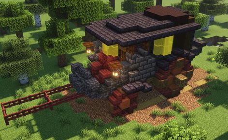 A black, traditional roofed carriage. It has two small, red wheels on the front and two larger ones on the back. The front cabin is open-air, but the roof overhangs above it. The driver's seat is crimson red. There are three glass windows on the carriage with a warm yellow glow. Two lanterns are attached to the front. Minecraft Carriage, Minecraft Victorian, Victorian Carriage, Roof Overhang, Warm Yellow, Crimson Red, Minecraft Houses, The Roof, Open Air