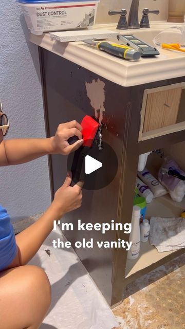 Adriana | Latina Woodworker & DIY Mom 🇲🇽 on Instagram: "Bathroom renovations are no joke! It’s been 5 months since I started on this project and I’ve been working on this a little at a time. But you know what? I’m proud to say that 80% of this bathroom has been built by me. 😊 I hired out the plumbing part because I know my limits. 😆 Next up I’m going to work on transforming this vanity so follow along to see how it turns out!" Bathroom Vanity Remodel Diy, Repurpose Bathroom Vanity, Diy Fluted Bathroom Vanity, Bathroom Vanity Between Two Walls, Diy Bathroom Projects, Adding Legs To Bathroom Vanity, Adding Trim To Bathroom Vanity, Vanity Remodel Diy, Diy Vanity Sink