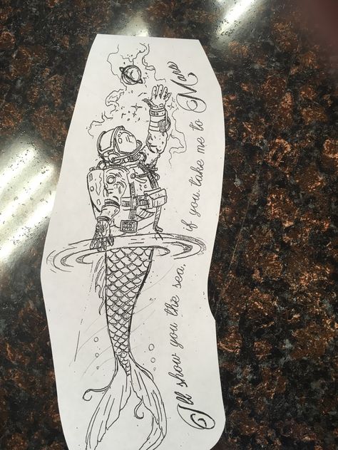 Mermaid Underwater Tattoo, Mermaid In Space Tattoo, Mermaid Astronaut Tattoo, Sea And Space Tattoo, Space Mermaid Tattoo, Floral Space Tattoo, Space Tattoos For Women, Blue Dragon Tattoo, Ufo Tattoo