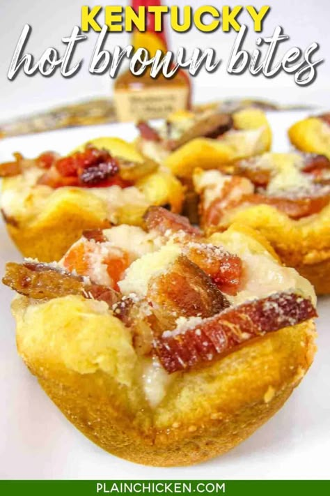 Kentucky Hot Brown Bites - All the flavors of the sandwich in a bite-size treat. Turkey, bacon, tomatoes, mornay cheese sauce, and crescent rolls baked in a mini muffin pan. Perfect for your Derby Day and holiday parties. This is a great recipe for leftover holiday turkey. #derby #kyderby #turkey #sandwich #partyfood #gameday #crescentrolls Hot Brown Bites, Hot Browns, Crescent Roll Bake, Kentucky Derby Recipes, Kentucky Derby Food, Derby Food, Derby Recipe, Derby Themed Party, Kentucky Derby Themed Party