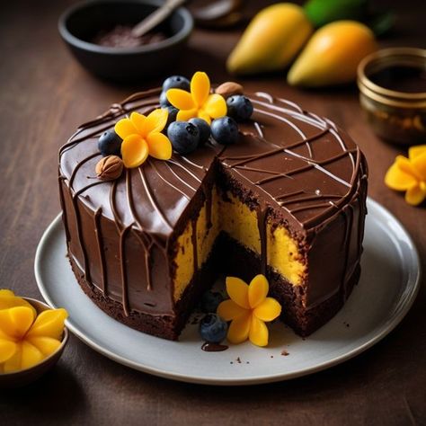 Kitchen Flavorista | Treat yourself to the ultimate indulgence with our Midnight Fudge Mango Cake | Facebook Mango Blueberry Cake, Mango And Chocolate Cake, Mango Saffron Cake, Mango Entremet Cake, Mango Chocolate, Mango Cake, Treat Yourself, Fudge, Chocolate Cake