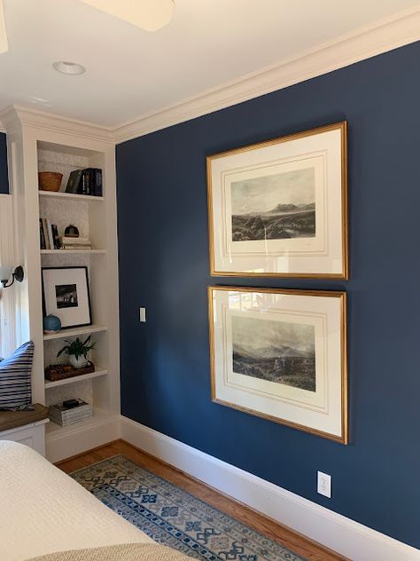 Newburyport Blue Benjamin Moore Bedroom, Benjamin Moore Blue Bedroom, Benjamin Moore Navy Blue Paint Colors, Painting One Wall A Different Color, Blue Paint Interior, Newburyport Blue Benjamin Moore, Blue Paint Bedroom, Bright Blue Bedroom, Benjamin Moore Newburyport Blue