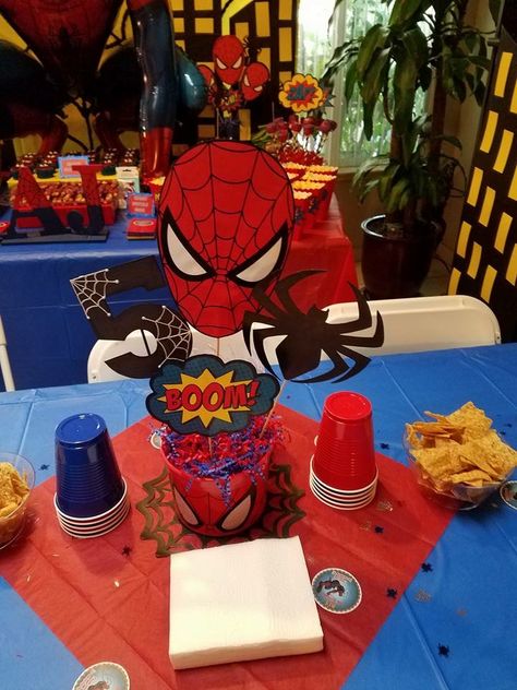 Spider-Man Theme Party Table Centerpiece by: Christina L. Happy Birthday B, Spiderman Theme Party, Spiderman Birthday Party Decorations, Marvel Party, Spiderman Theme, Avenger Birthday Party, Party Table Centerpieces, Spiderman Birthday Party, Spiderman Party