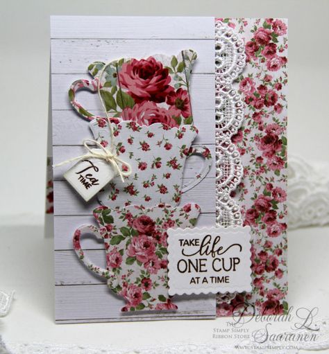 One Cup at a Time card by Deborah Saaranen Teapot Cards, Teacup Cards, Tea Cup Card, Ribbon Store, Coffee Cards, Color Coffee, Creative Cards, Mothers Day Cards, High Tea