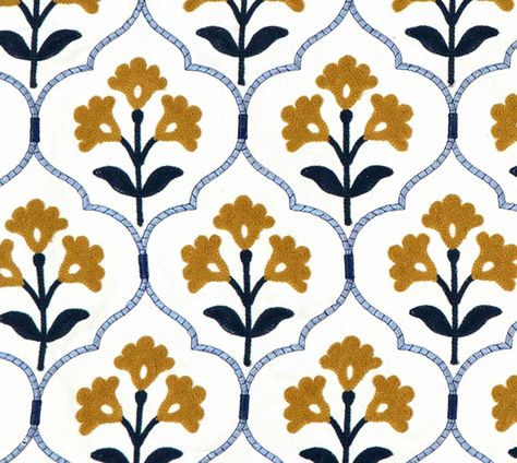 Each yard costs less as you order more.  Yardage ships free every day. This unique art deco fabric features crewel tulips and raised ogee fretwork embroidery. Its medium scale and soft white background make it an easy coordinate. Fabric: width: 50" (usable pattern) Fiber base fabric: 100% cotton Embroidery: 72% cotton, 23% acrylic, 5% viscose Ogee Pattern, Art Deco Fabric, Cotton Embroidery, Nashville Tn, Home Decorating, Fabric Width, Soft White, Linocut, Unique Art