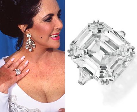 ‘The Elizabeth Taylor Diamond’ a 33-carat rectangular-cut diamond ring from harry Winston that was a gift from her husband Richard Burton. She wore it nearly every day and in every film after she received it. Elizabeth Taylor Engagement Ring, Elizabeth Taylor Ring, Most Expensive Wedding Ring, Elizabeth Taylor Diamond, Most Expensive Engagement Ring, Famous Engagement Rings, Ascher Cut, Asscher Cut Diamond Engagement Ring, Elizabeth Taylor Jewelry