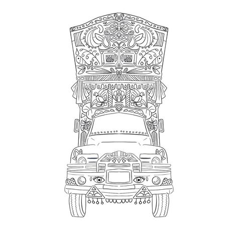 Sophie Hurst Illustration on Instagram: “Truck art line art, Pakistani style. Scroll through for coloured version and a quick process video.” Pakistan Truck Art Design, Design Easy Drawing, Pakistan Truck Art, Indian Truck Art, Truck Art Pakistan, Pakistan Art, Pakistani Art, Kutch Work Designs, Best Friend Drawings