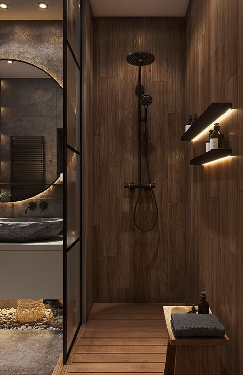 Wooden Modern Bathroom, Small Bathroom Ideas Black And Wood, Modern Dark Small Bathroom, Bathroom Ideas Small Dark, Dark Toned Bathroom, Black Wood Bathroom Ideas, Moody Industrial Bathroom, Dark Bathroom Inspiration, Dark Grey And Wood Bathroom