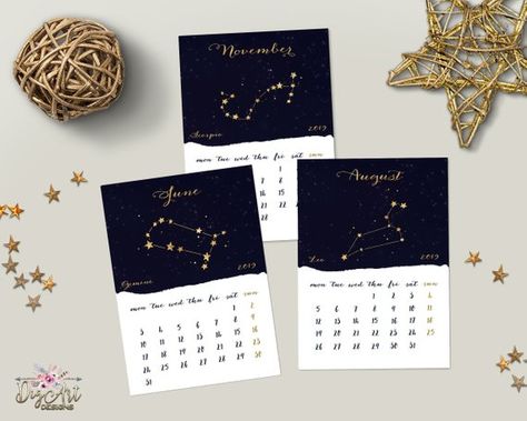 Printable 2019 Zodiac Calendar, Star Constellation 5x7 Monthly Calendar, Horoscope Desk Calendar, As Zodiac Star Constellation, Astrology Calendar, Astrology Capricorn, Astrology Gifts, Star Constellation, Zodiac Calendar, 2018 Calendar, Star Constellations, 2019 Calendar