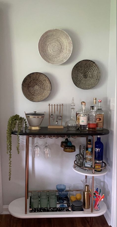 Bar cart styling, west elm dupe bar cart, boho, decor, glam Bar Crafts Ideas, Bar Cart Tequila, West Elm Bar Cart Styling, Neon Lights Bar Interior Design, Bar Console Styling, Bar Cart Display Ideas, Scandinavian Bar Cart, Boho Bar Cart Styling, Vintage Bar Cart Aesthetic