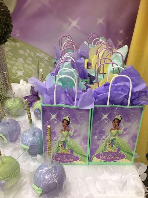 Princess Tiana Sleepover, Princess Tiana Gift Bags, Princess In The Frog Birthday Party, Tiana Themed Birthday Party, Tiana Princess And The Frog Birthday Party, Princess And The Frog Bday Party, Princess Frog Birthday Party, Princess Tiana Birthday Party Ideas Decor, Tiana Princess And The Frog Party