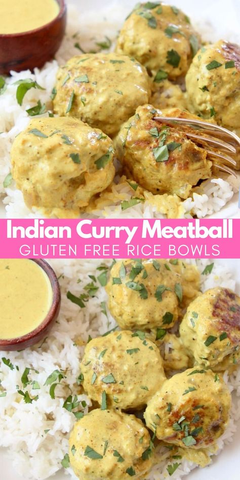 Ground Chicken And Pork Recipes, Indian Bowls Recipe, Gluten Free Indian Recipes, Meatball Rice Bowl, Yellow Curry Sauce, Gluten Free Indian Food, Spiced Meatballs, Meatball Curry, Gf Cooking