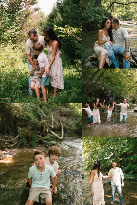 Creek Family Photoshoot Outfits, Creek Pictures Family, Creek Photoshoot Kids, Family Creek Photos, Creek Family Pictures, Summer Outdoor Photoshoot, Creek Family Photoshoot, Creek Minis, Construction Photoshoot