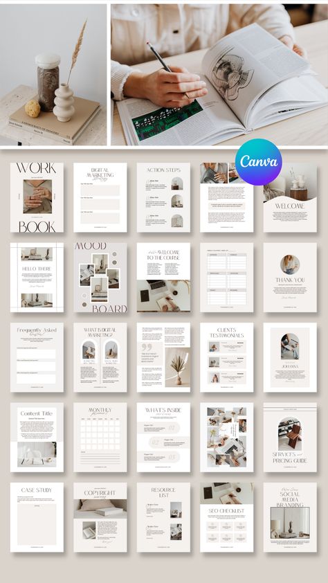 Workbook Layout Design Inspiration, Lifebook Templates, Aesthetic Ebook Template, Canva Workbook Template, Reinvent Quotes, Workbook Aesthetic, E Book Template, Ebooks Design, Canva Templates Ideas