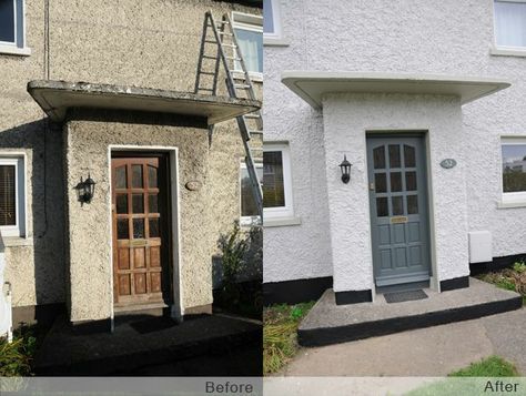 House Facade Renovation, Painted Pebbledash, Garden Entrance Design, Facade Renovation, Pebble Dash, Painted Bricks, Outside House Colors, Rustic Stairs, Modern Courtyard