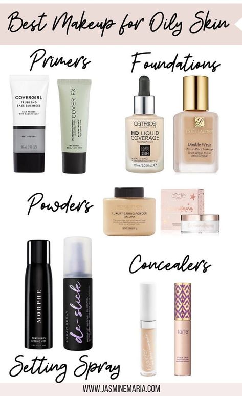 I have updated my best makeup products for oily skin. I am sharing my favorite drugstore and high-end product for primers, foundation, concealer, powder & setting spray.  #bestmakeup #bestmakeupforoilyskin #makeupforoilyskin #oilyskin #makeup #beautyforoilyskin #drugstoremakeupforoilyskin #thebestof Matte Foundation For Oily Skin, Best Makeup For Oily Skin, Makeup Products For Oily Skin, Makeup For Oily Skin, Matte Make Up, Products For Oily Skin, Powder Setting, Oily Skin Makeup, Concealer Powder