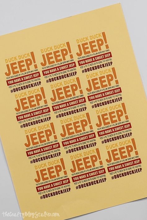 A free printable PDF of Duck Duck Jeep Tags and then you can duck some Jeeps! #duckduckjeep #thecraftyblogstalker #printabletags #printablepdf Jeep Printable, Duck Duck Jeep Tags, Food Drive Flyer, Jeep Ducks, Duck Card, Duck Duck Jeep, Mom Daughter Tattoos, Pink Jeep, Teacher Gift Card