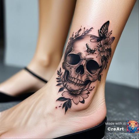 Skulls And Flowers Tattoos, Floral Skull Tattoos For Women, Small Skull Tattoo For Women, Skull Love Tattoo, Pretty Skull Tattoos For Women, Feminine Skull Tattoos For Women, Skull Tattoos For Women, Pretty Skull Tattoos, October Tattoo