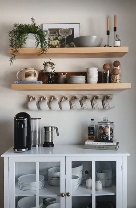 Decorative Shelf In Kitchen, Coffee Bar With Shelves Above, Coffee Shelf Ideas, Coffe Corners Ideas, Corner Coffee Bar Ideas, Kaffe Station, Kitchen Design Tips, Coin Café, Gray And White Kitchen