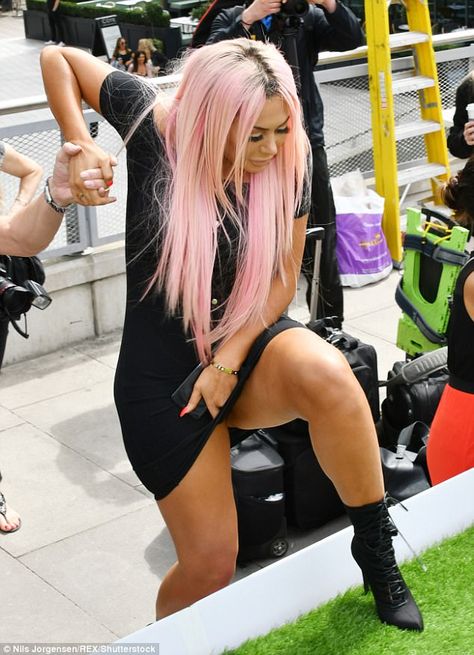 Whoops! Geordie Shore's Chloe Ferry got things off to a typically raucous star as she was mere inches from exposing her modesty while promoting the upcoming season alongside her co-stars in London on Wednesday Chloe Ferry Geordie Shore, Chloe Ferry, Tiny Dress, Geordie Shore, Hilary Duff, Taxi Driver, The Duff, Get Dressed, Chloe