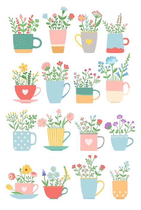 Flower Design Illustration, Spring Vector Art, Cute Flower Pot Drawing, Cute Floral Pattern, Flower Plant Drawing, Flowers In Cup, Flower Pot Drawing, Spring Drawings, Floral Vector Design