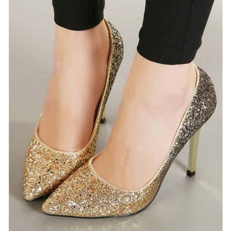 Women's Golden Glitter Shoes Pointed Toe Stiletto Heels Wedding Shoes for Party, Wedding | FSJ Golden Heels Wedding, Valentino Wedding Shoes, Golden Heels, Cowgirl Boots Wedding, Shoes For Party, Glitter Wedding Shoes, Colorful Wedding Shoes, Heels Wedding Shoes, Pencil Heels