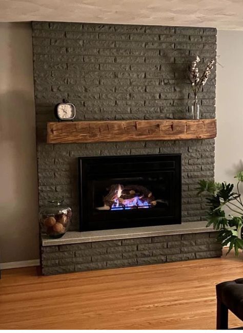 Dark Red Brick Fireplace, Dark Brick Fireplace Makeover, Wall Lights Living Room Farmhouse, Painted Fireplace Brick Black, Washed Fireplace Brick, Dark Painted Fireplace Brick, Charcoal Fireplace Brick, Dark Gray Fireplace Brick, Dark Painted Brick Fireplace