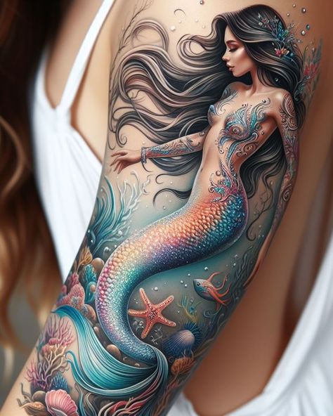 Mermaid Trident Tattoo, Underwater Tattoo Ideas, Mermaid Half Sleeve Tattoo, Undersea Tattoo, Mermaid Sleeve Tattoo, Fairy Tattoo Sleeve, Fairy Back Tattoo, Siren Mermaid Tattoos, Amanda Tattoo