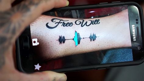 soundwave augmented reality tattoos let you listen to your body art Audio Tattoo Sound Waves, Voice Tattoo Sound Waves, Soundwave Tattoo, Voice Tattoo, Sound Wave Tattoo, Couple Tats, Aaron Judge, Sound Wave, Waves Tattoo