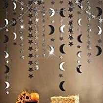 Halloween Birthday Decorations, Silver Party Decorations, Paper Garlands, Star Birthday Party, Circle Garland, Outer Space Birthday, Space Birthday Party, Moon Crescent, Star Paper