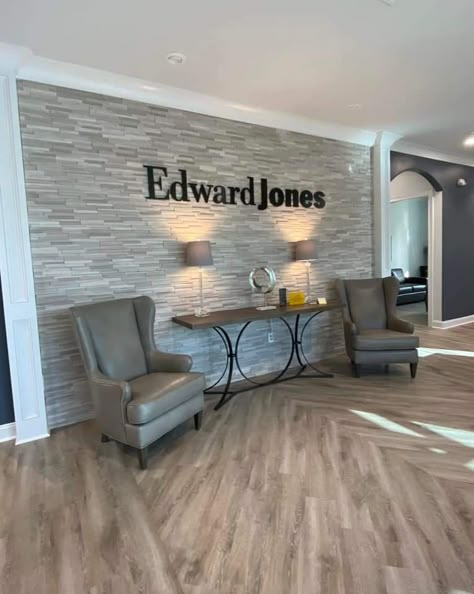 Business Foyer Decor, Small Business Lobby Design, Edward Jones Office Makeover, Welcoming Reception Area, Front Lobby Decor Reception Areas, Financial Advisor Office Decor, Business Reception Area, Small Office Waiting Area Design, Tax Office Decor Ideas