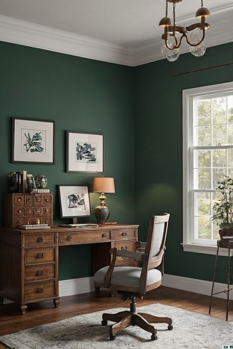 home decor interior design, interior bedroom design, kitchen designs, living room interior Dark Green And White Office, Office Decor Green Walls, Dark Green Study Room, Home Office Wall Paint, Dark Green Office Walls, Home Office Dark Green, Green Accent Wall Office, Hunter Green Office, Dark Green Office Ideas