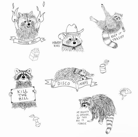 Matching Possum Tattoos, Matching Raccoon Tattoo, Small Raccoon Tattoo Simple, Best Friend Raccoon Tattoos, Rocky Raccoon Tattoo, Raccoon With Cowboy Hat Tattoo, Trash Panda Tattoo, Funny Animal Tattoos, Cowboy Raccoon Tattoo