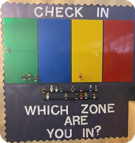 Zones Check In Ideas, Daily Emotional Check In Classroom, Zone Of Regulation Check In, Emotional Impairment Classroom, Zones Of Regulation Classroom Display, Zones Check In, Check In Classroom Ideas, Lego Zones Of Regulation, Zones Of Regulation Check In Classroom