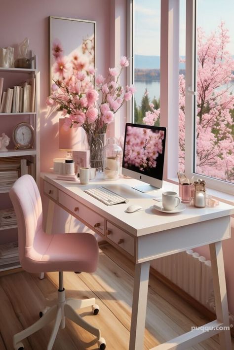 girly-home-office-ideas- Girly Home Office Ideas, Girly Home Office, Girly Home, Chic Workspace, Functional Home Office, Girly Office, Office Idea, Feminine Home Offices, Cozy Home Office